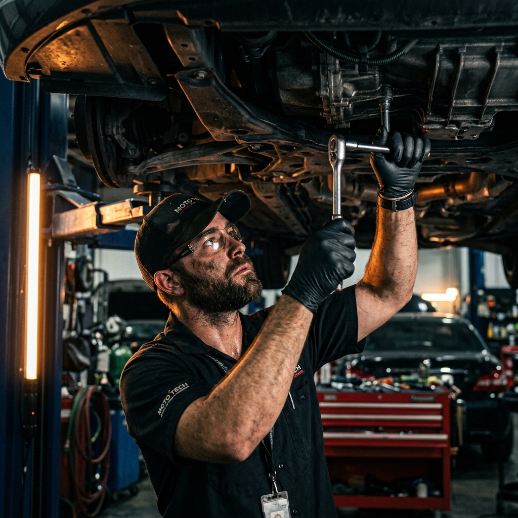 Specialist technician diagnosing gearbox fault on vehicle lift